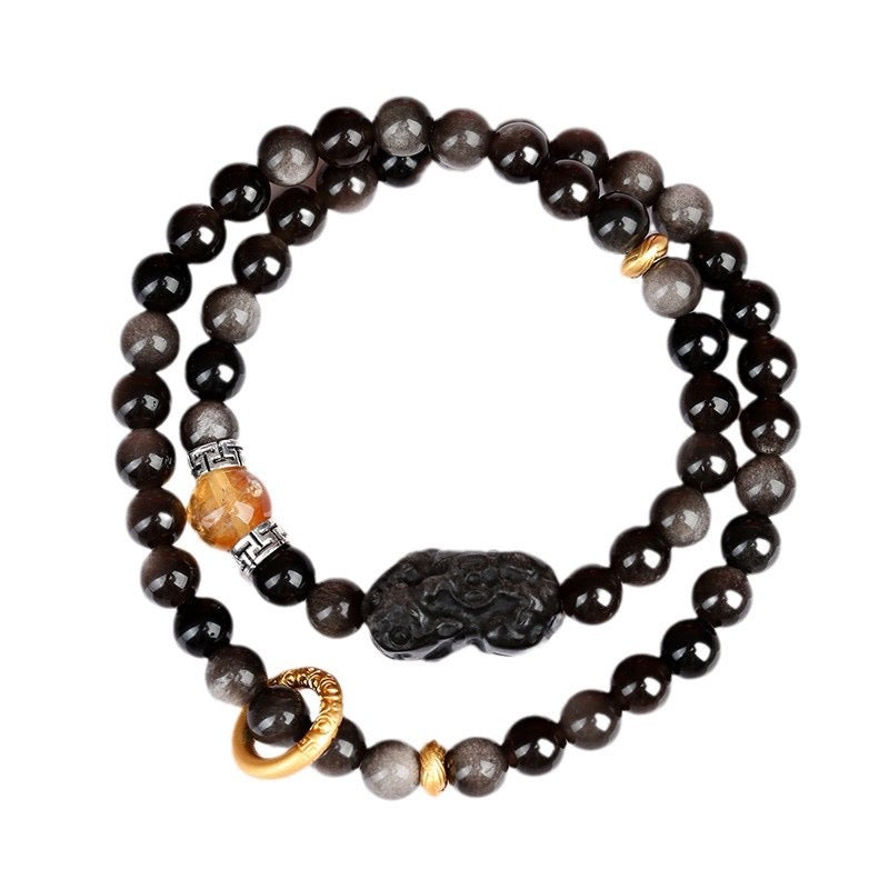 Double Fortune Vortex - Silver Obsidian Pi Xiu Double Circle Bracelet