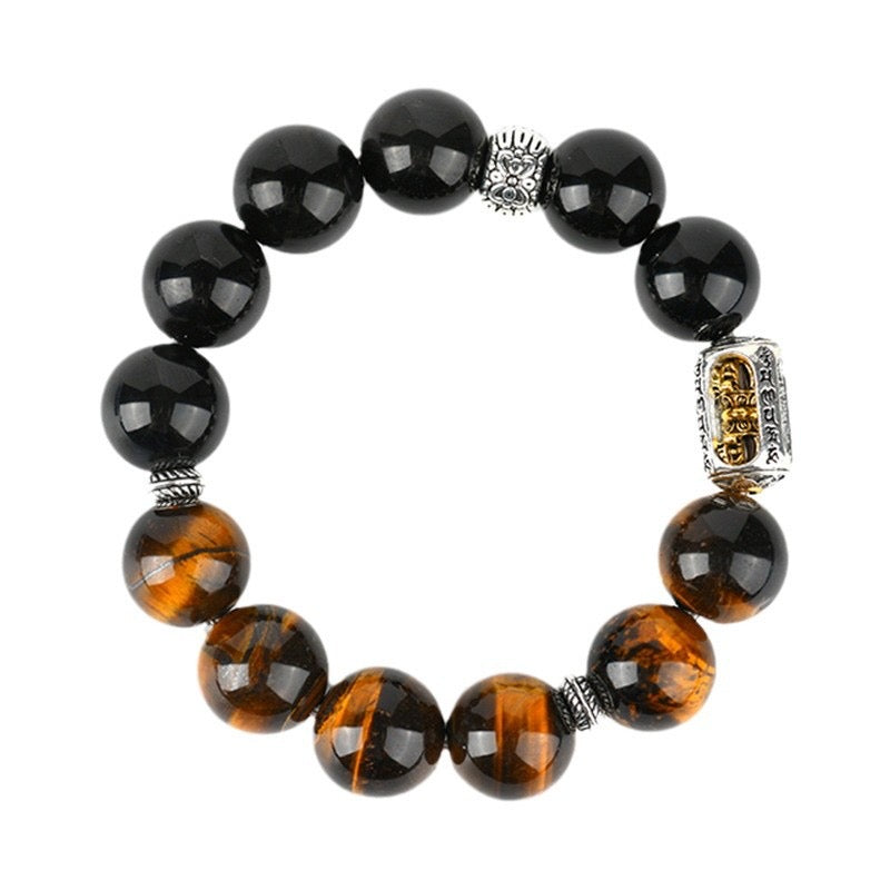 Desert Sun Protector -  Yellow Tiger's Eye and Silver Obsidian Bracelet